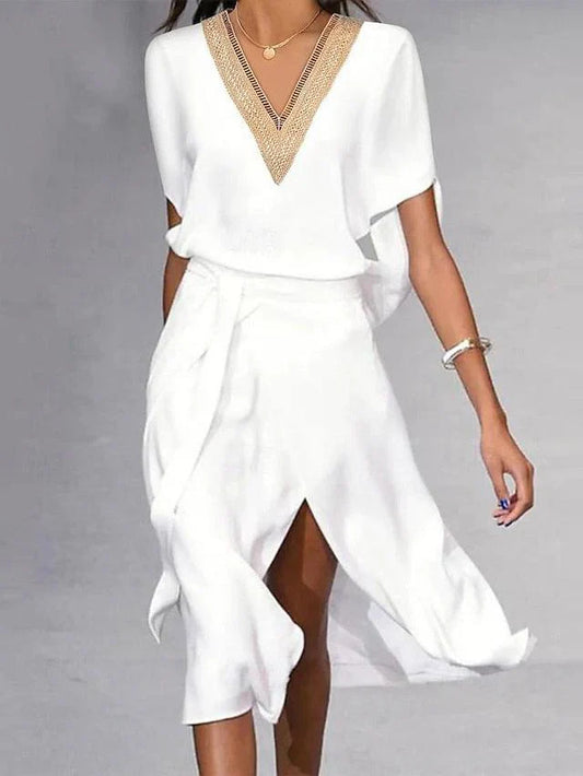 Sophia – Sleek White Midi Dress with Flattering V-Neck